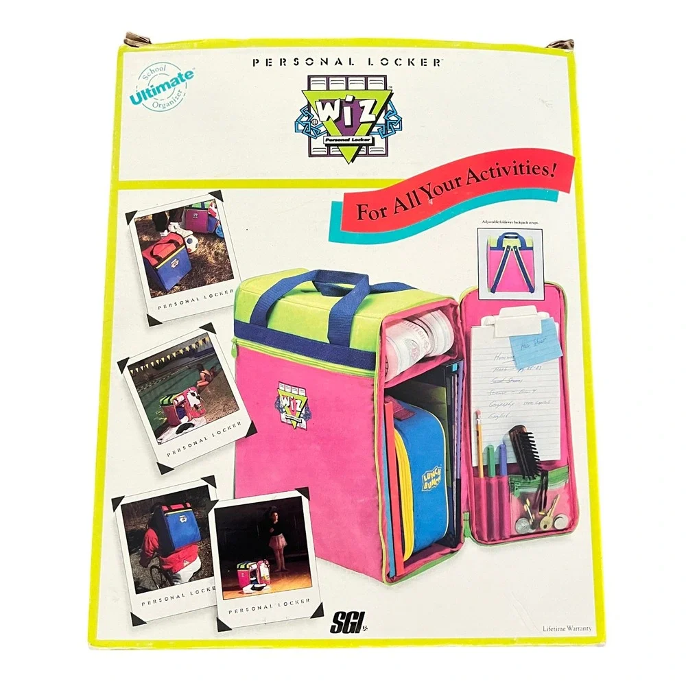Vtg SGI Wiz Personal Locker Backpack Organizer Neon Grn Blue 90s Kid Bag 15x12x6